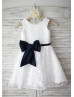 Ivory Lace Big Navy Blue Bow Knee Length Flower Girl Dress